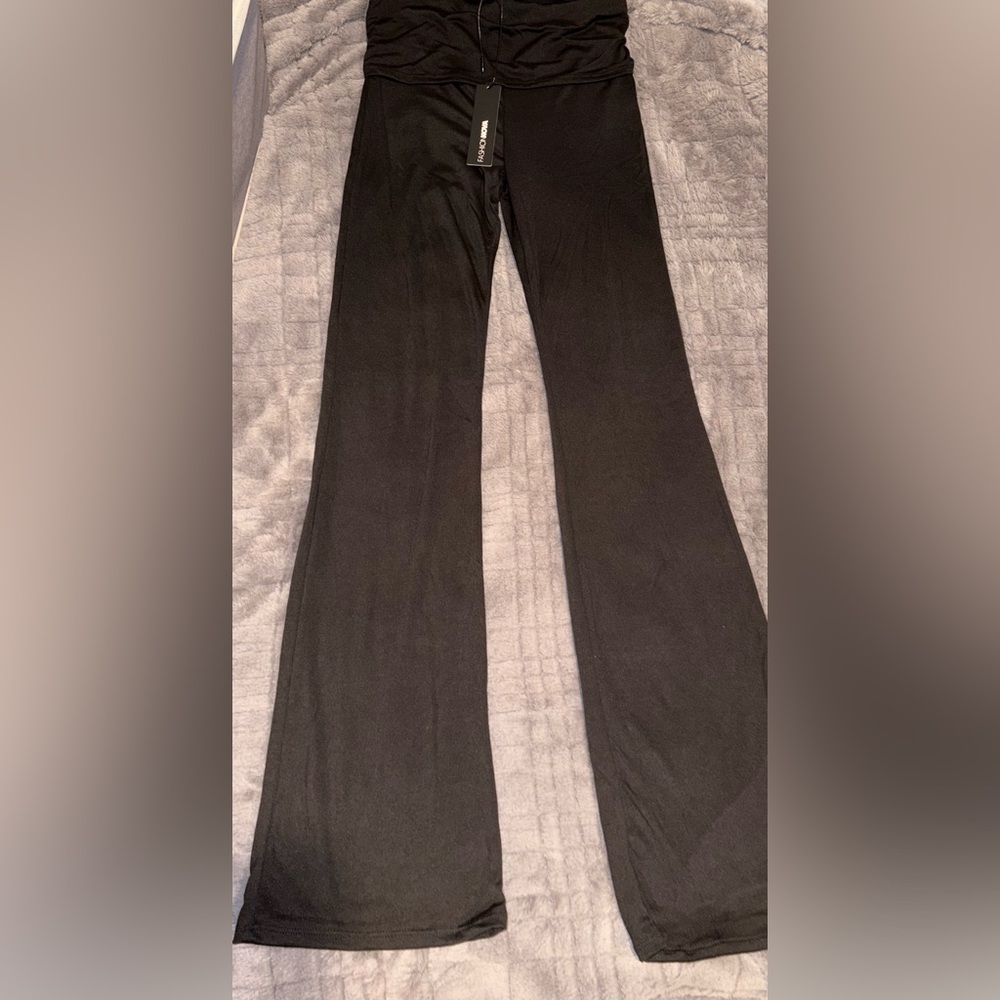 Woman’s Black Flared Yoga Pants with Fold Over Waist